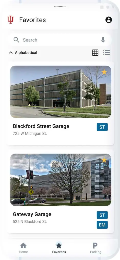 Screenshot of the IU Parking application 'favorite' screen
