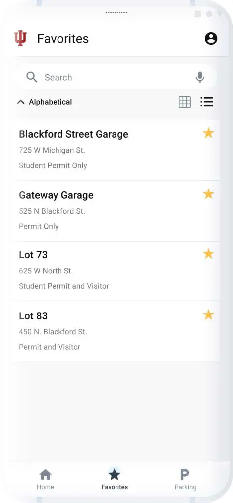 Screenshot of the IU Parking application 'favorite' screen