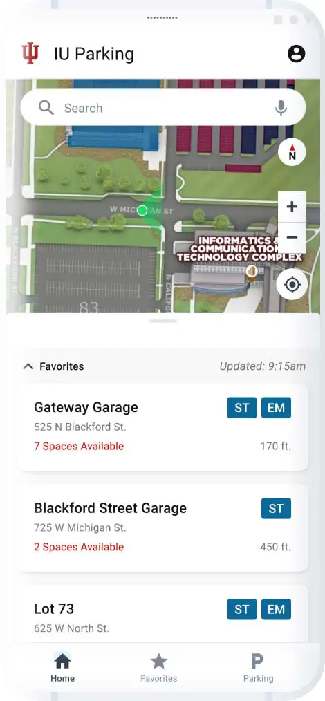 Screenshot of the IU Parking application 'home' screen