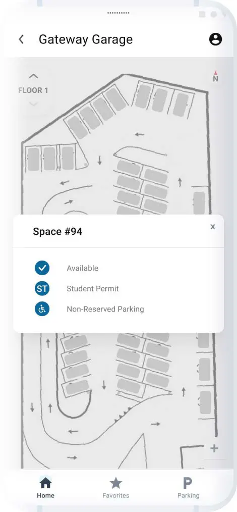 Screenshot of the IU Parking application 'location' screen