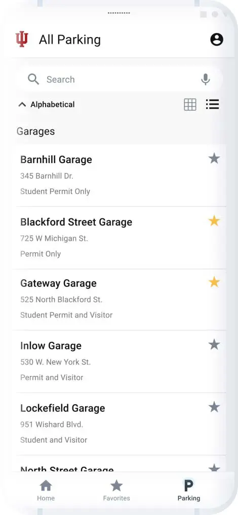 Screenshot of the IU Parking application 'parking' screen